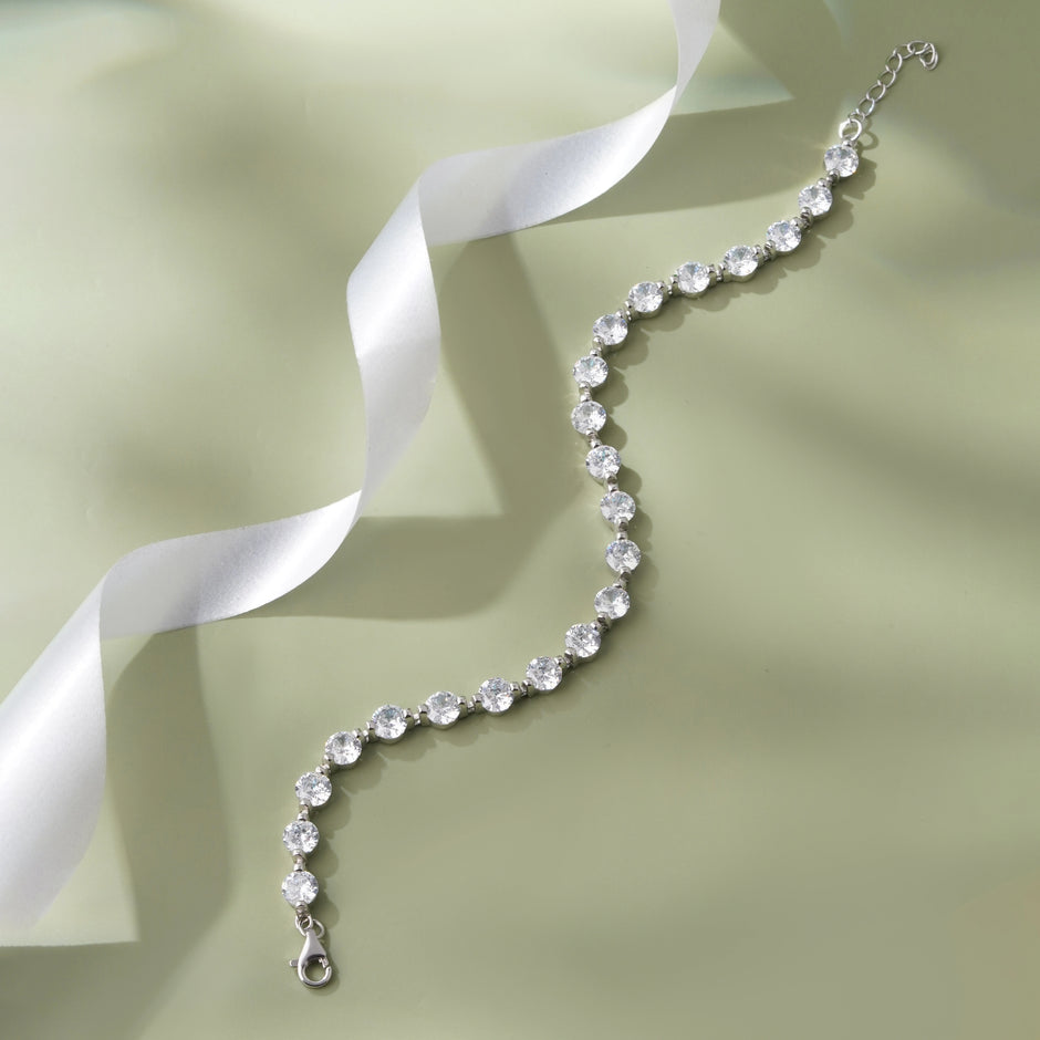 Round Cut Tennis Diamond Silver Bracelet for Women