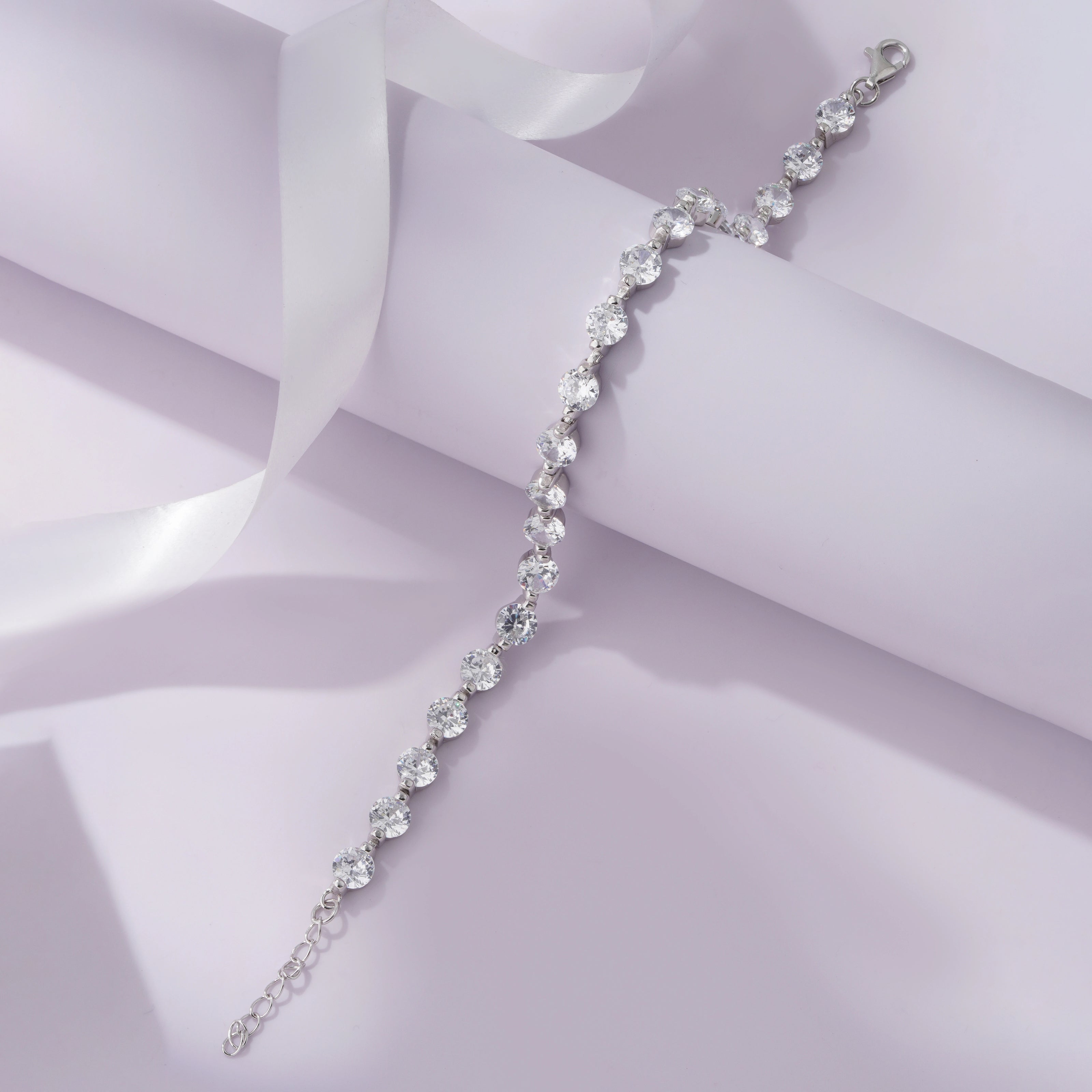 Round Cut Tennis Diamond Silver Bracelet for Women