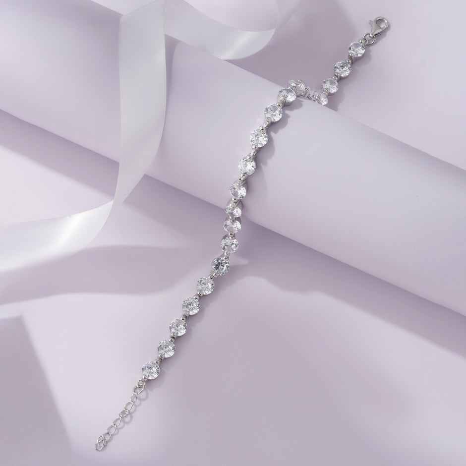 Round Cut Tennis Diamond Silver Bracelet for Women