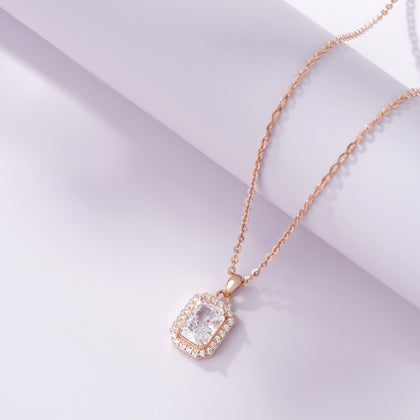 Radiant Diamond Halo 925 Silver Rose Gold Pendant Necklace