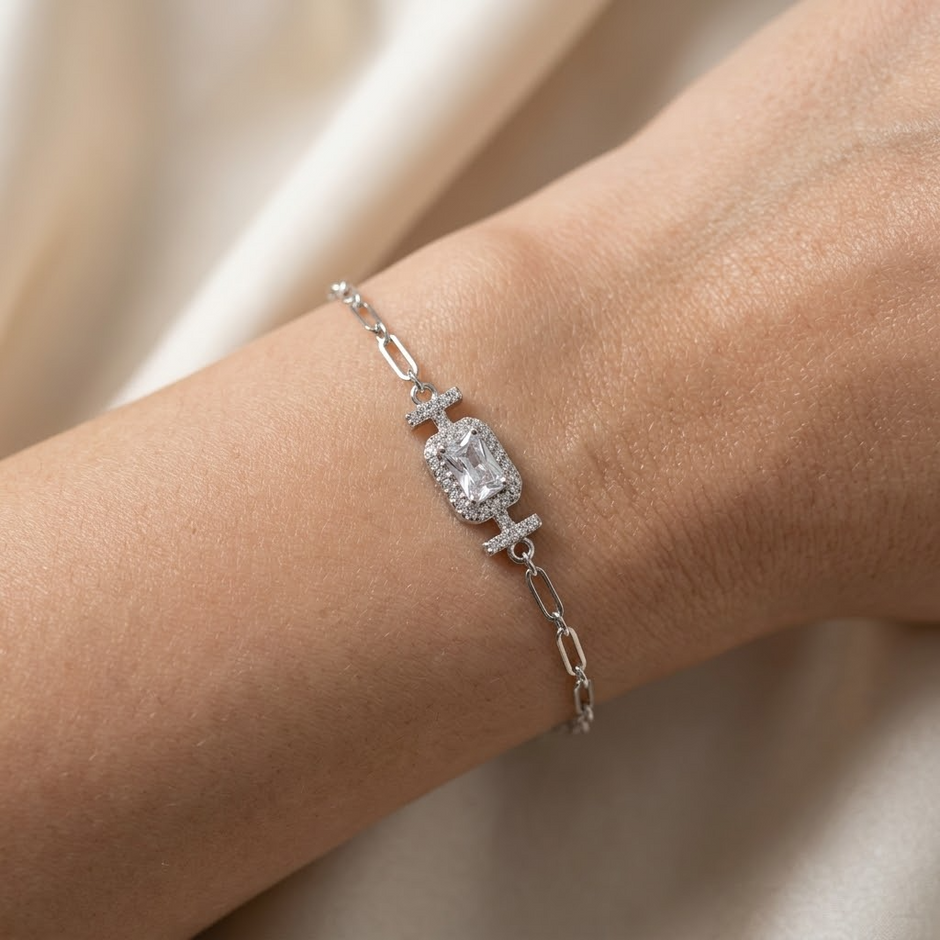 Radiant Emerald-Cut Halo 925 Sterling Silver Bracelet for Women