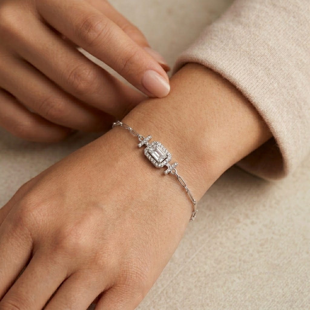 Radiant Emerald-Cut Halo 925 Sterling Silver Bracelet for Women
