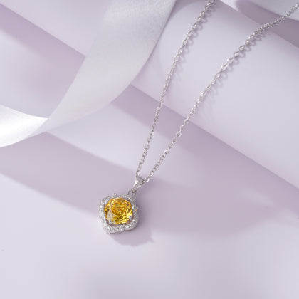 Radiant Yellow Halo CZ 925 Silver Pendant Necklace