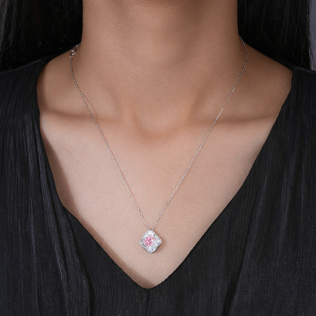 radiant blossom pink diamond 925 silver pendant chain