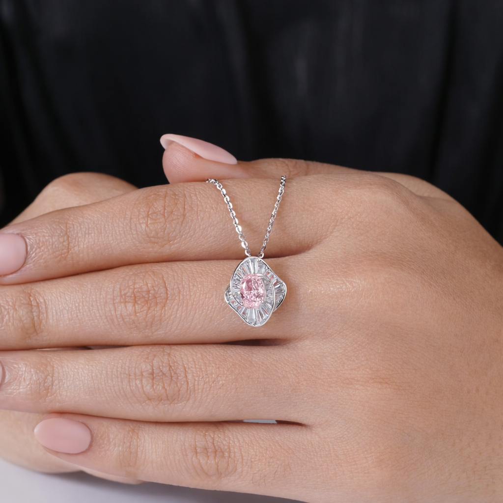 radiant blossom pink diamond 925 silver pendant chain