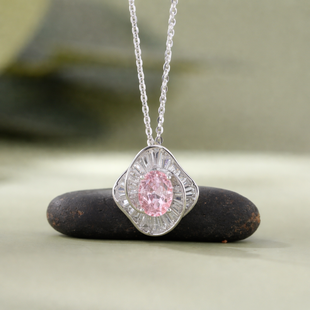 radiant blossom pink diamond 925 silver pendant chain