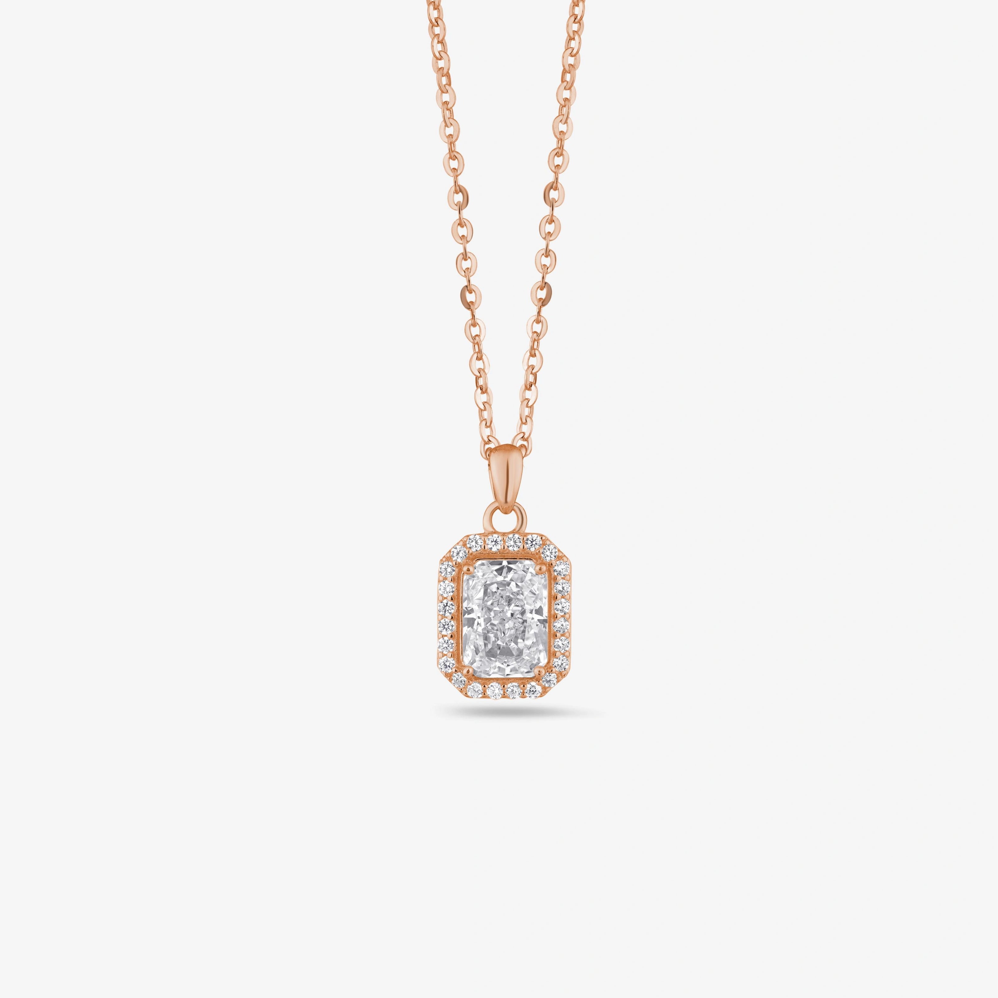 Radiant Diamond Halo 925 Sterling Silver Rose Gold Pendant Chain for Women