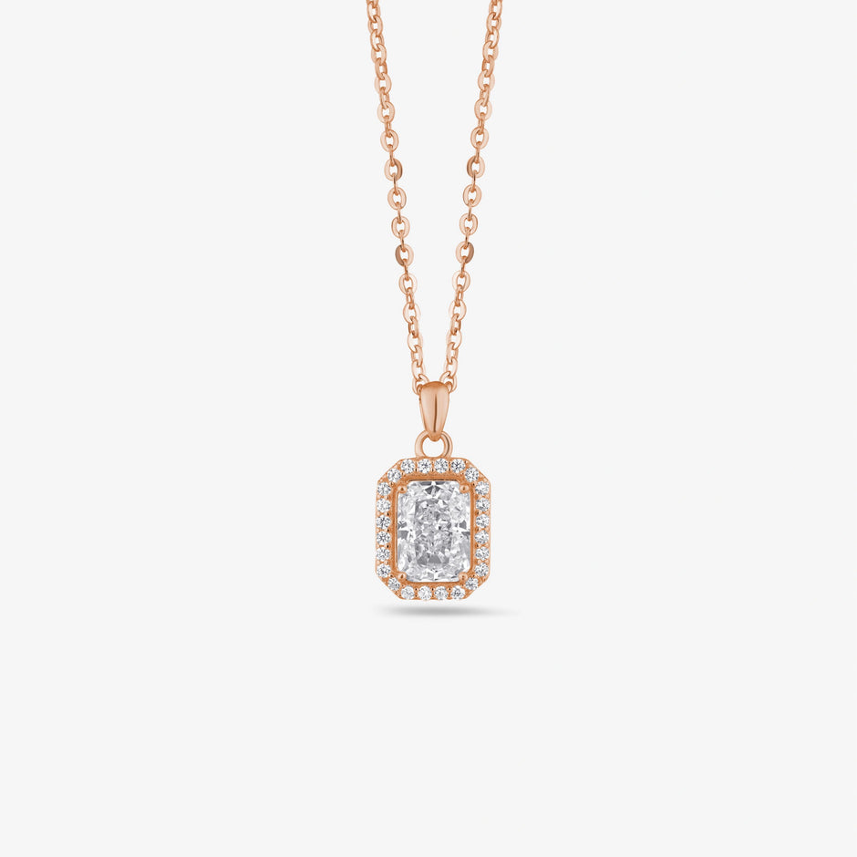 Radiant Diamond Halo 925 Sterling Silver Rose Gold Pendant Chain for Women