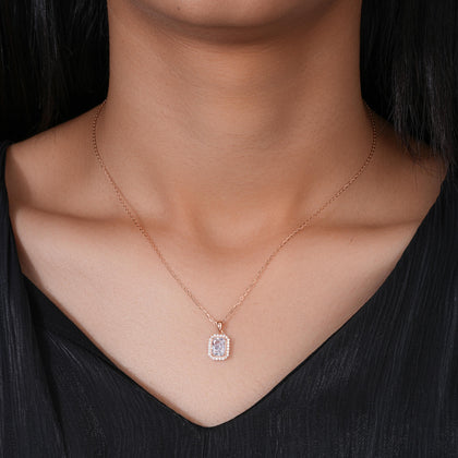 Radiant Diamond Halo 925 Silver Rose Gold Pendant Necklace