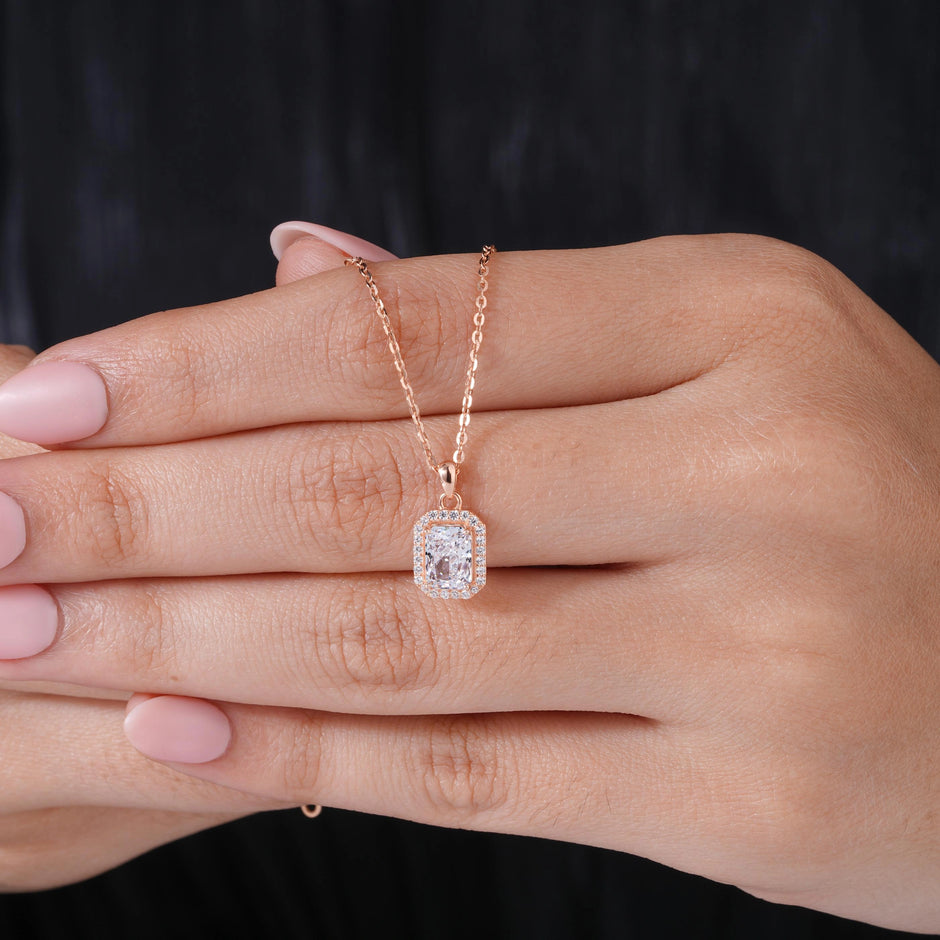 Radiant Diamond Halo 925 Sterling Silver Rose Gold Pendant Chain for Women