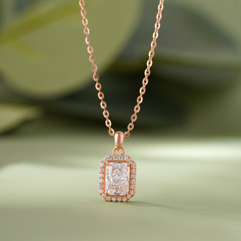 Radiant Diamond Halo 925 Sterling Silver Rose Gold Pendant Chain for Women