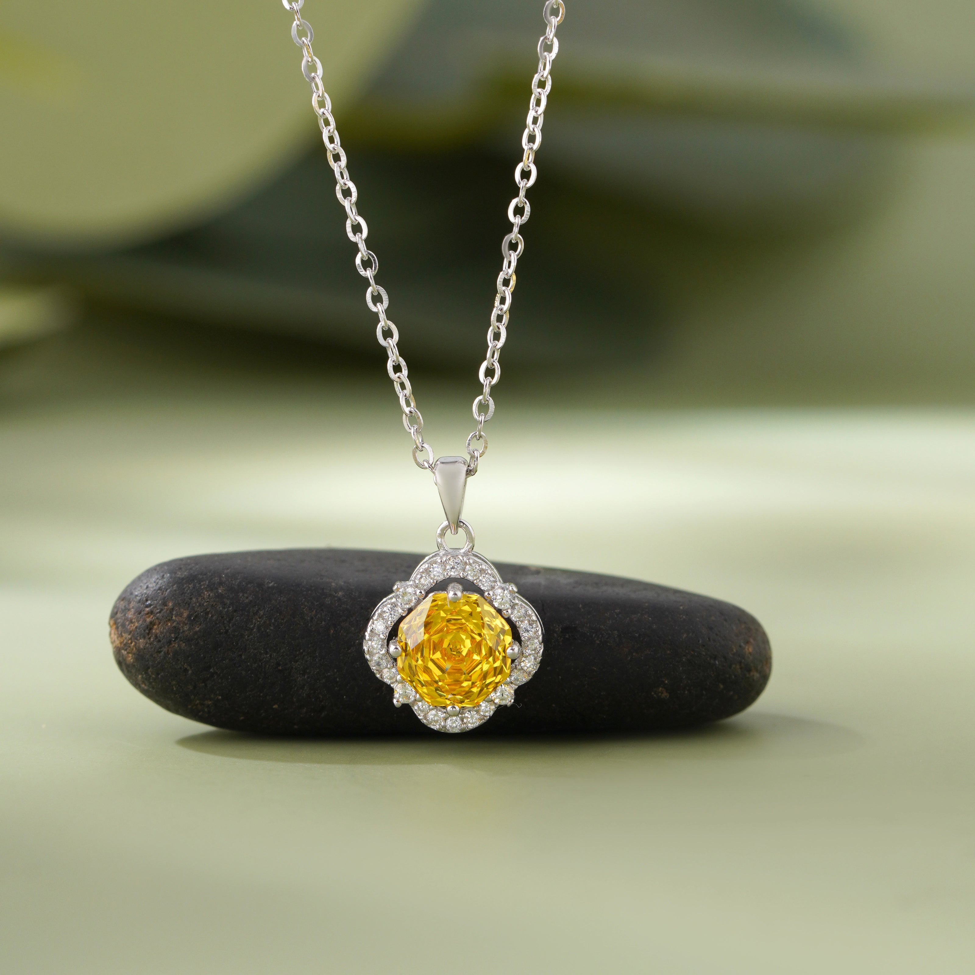Yellow Gemstone Flower Pendant Necklace in 925 Sterling Silver