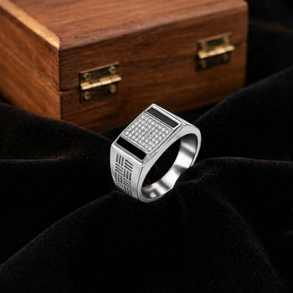 925 sterling silver men’s rectangular CZ ring with black enamel