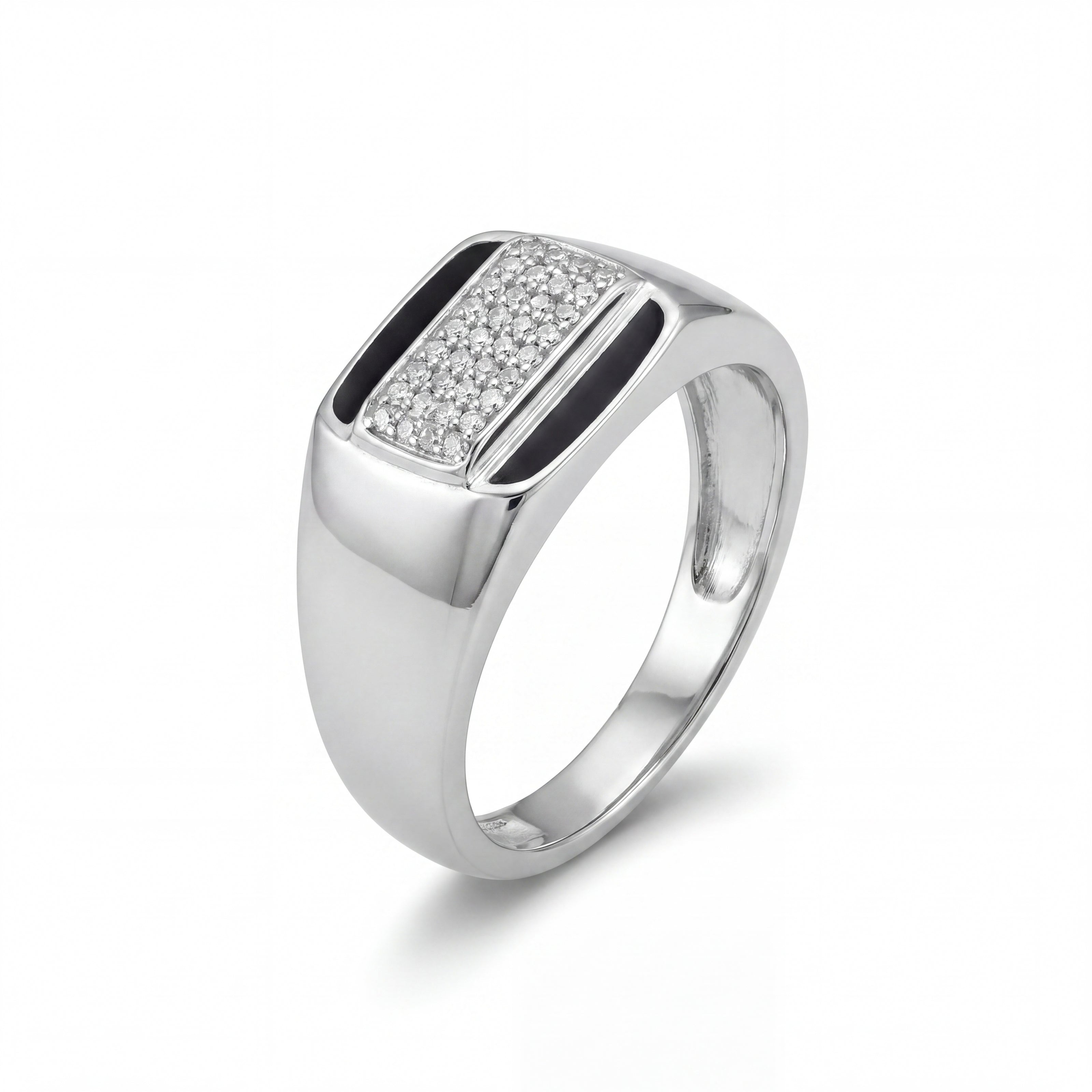 Rectangular CZ & Black Enamel 925 Sterling Silver Men's Modern Ring