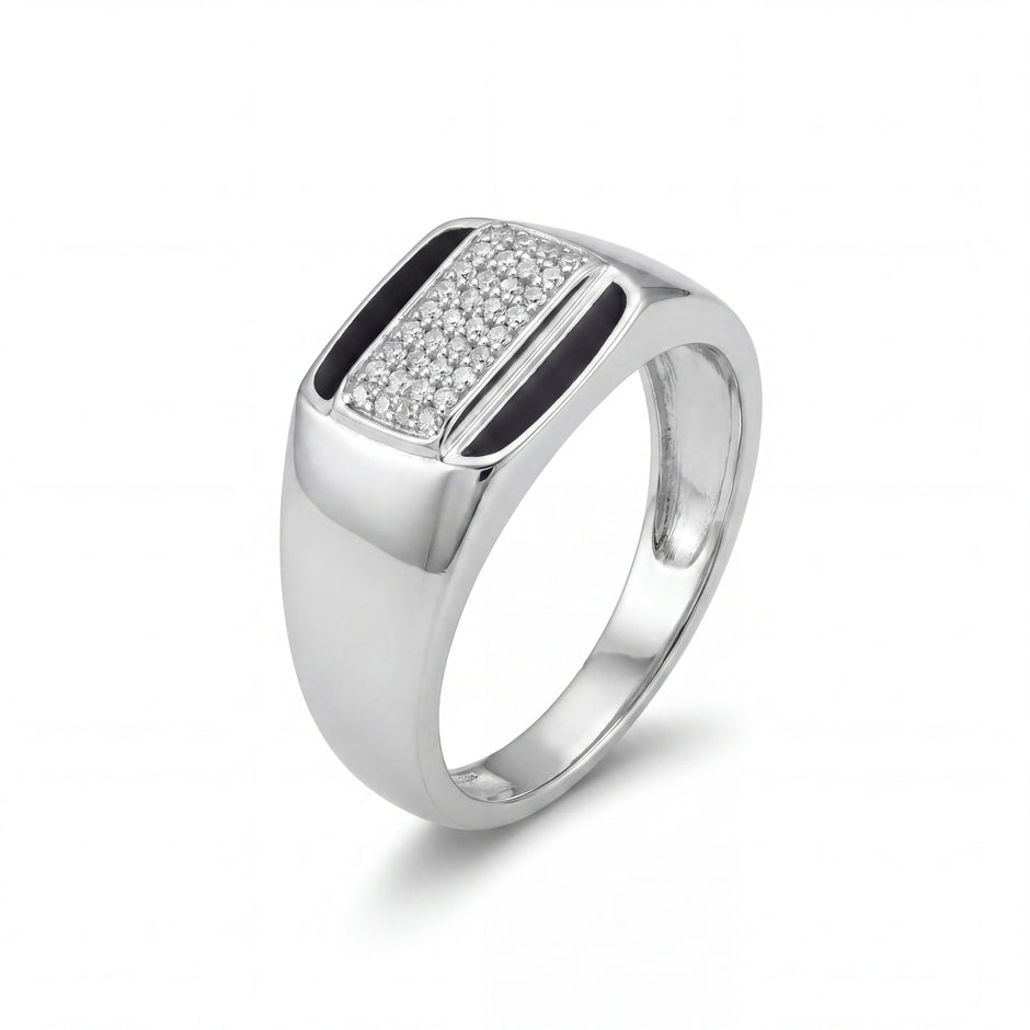 Rectangular CZ & Black Enamel 925 Sterling Silver Men's Modern Ring