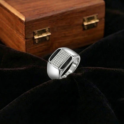 925 sterling silver men’s rectangular CZ black enamel ring