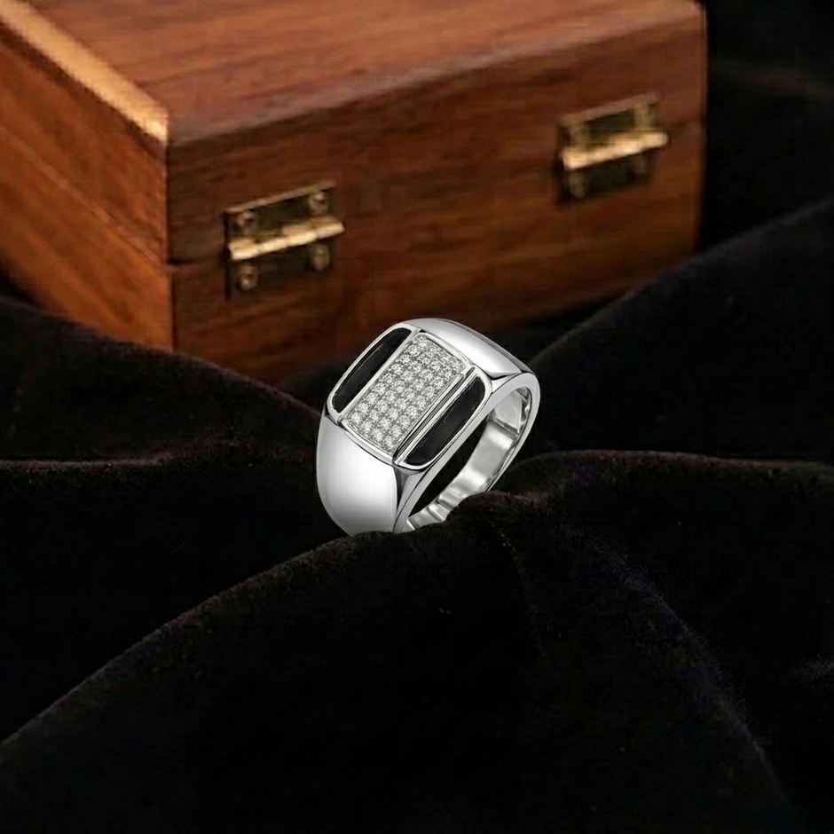 Rectangular CZ & Black Enamel 925 Sterling Silver Men's Modern Ring