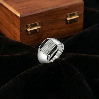 Rectangular CZ & Black Enamel 925 Sterling Silver Men's Modern Ring