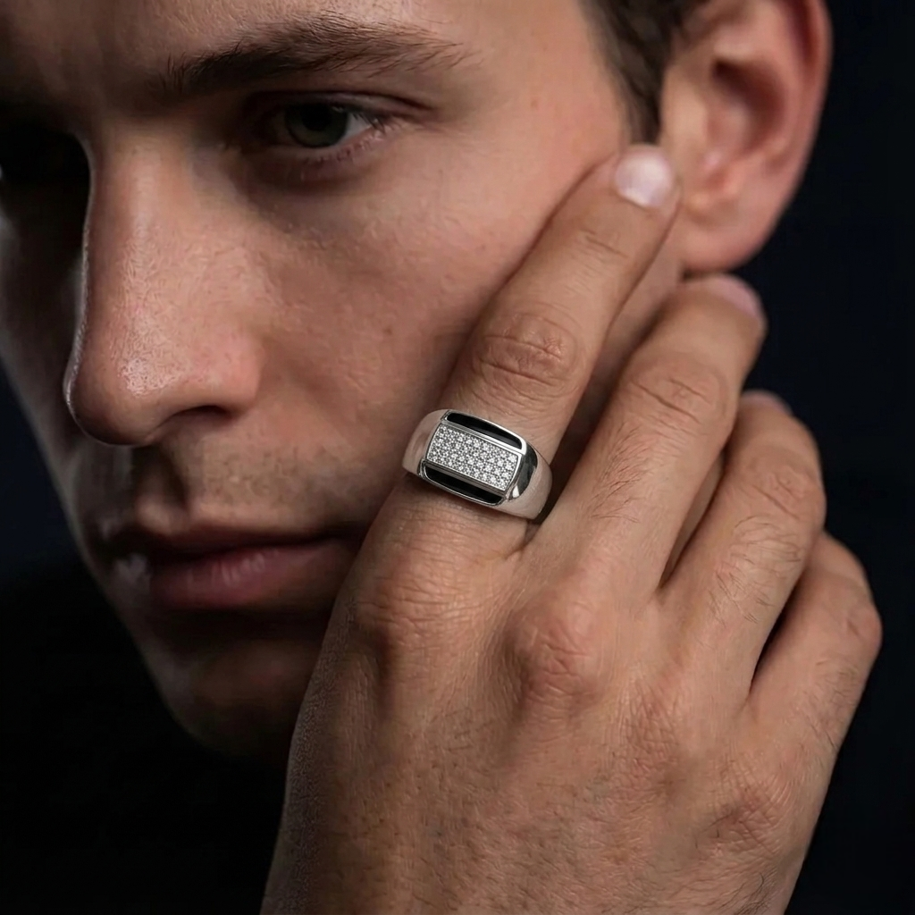 Rectangular CZ & Black Enamel 925 Sterling Silver Men's Modern Ring