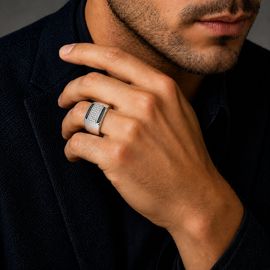 925 sterling silver men’s rectangular CZ black enamel ring