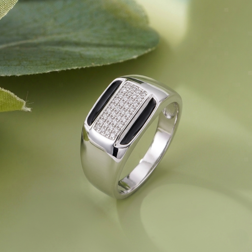 Rectangular CZ & Black Enamel 925 Sterling Silver Men's Modern Ring