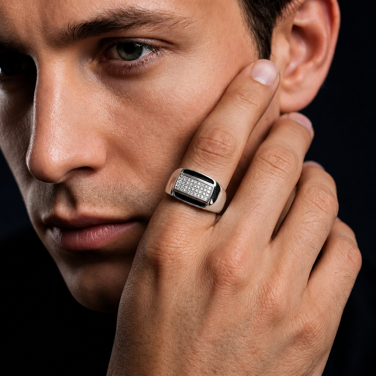 925 sterling silver men’s rectangular CZ black enamel ring