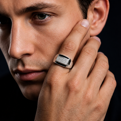 925 sterling silver men’s rectangular CZ black enamel ring