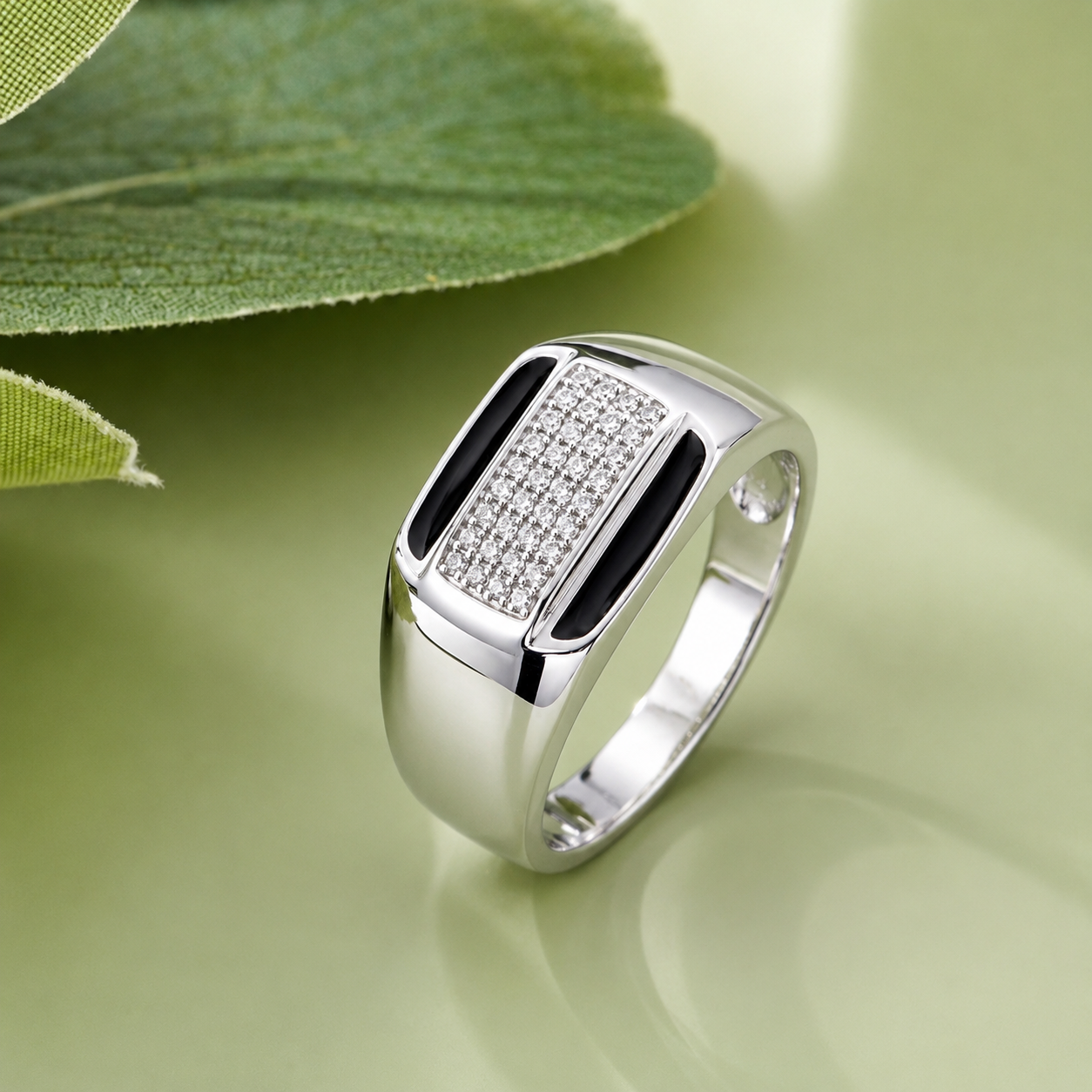 925 sterling silver men’s rectangular CZ black enamel ring