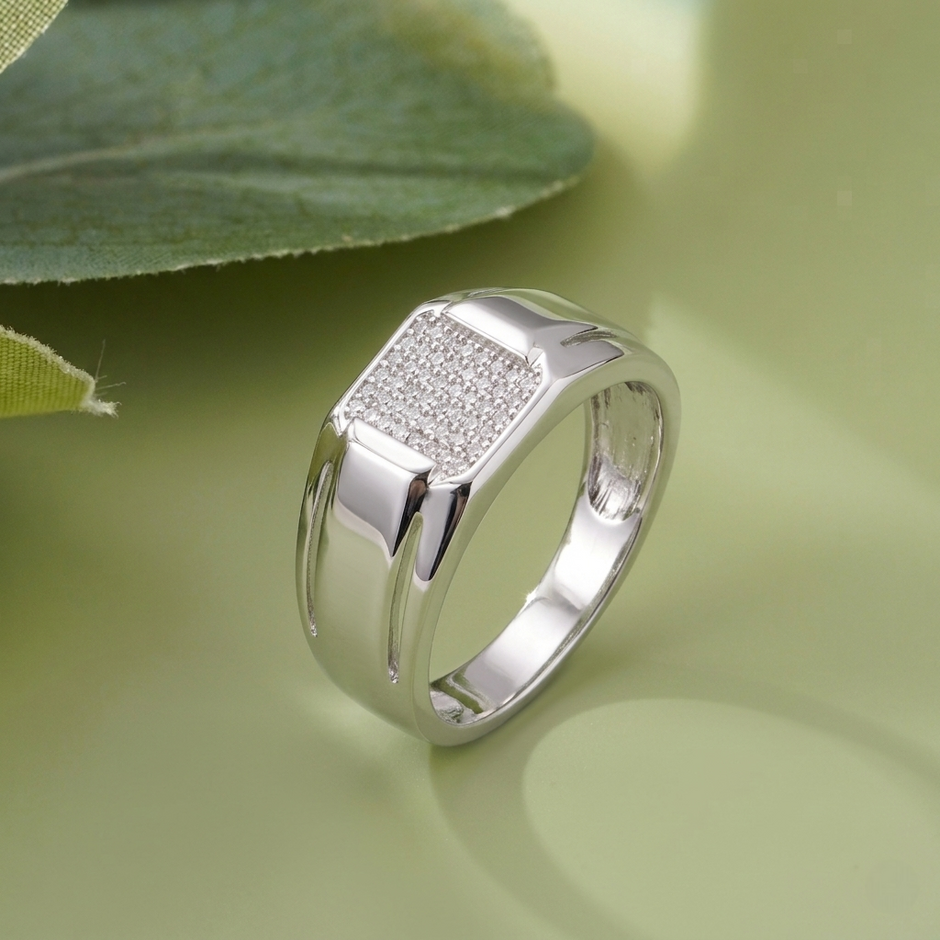 Rectangular CZ Cluster 925 Sterling Silver Men's Classic Statement Ring