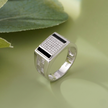 Rectangular CZ Top with Black Enamel & Patterned Band 925 Sterling Silver Men's Ring