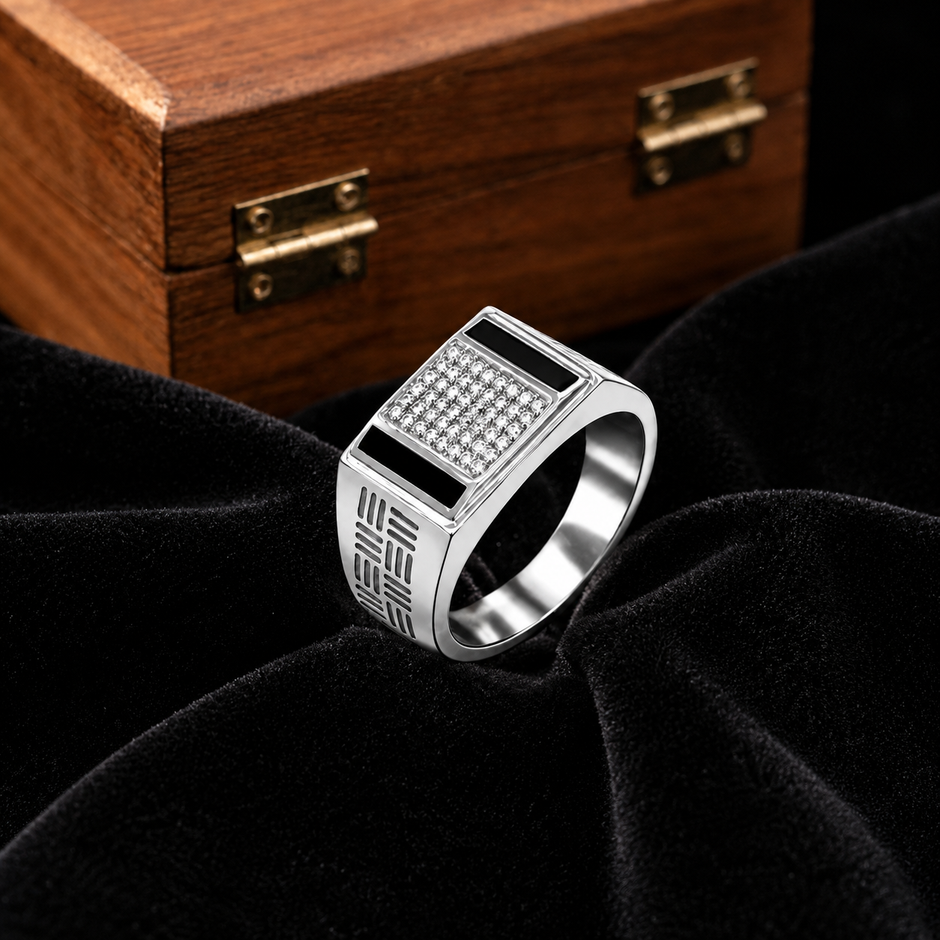 Premium 925 Silver Rectangular CZ Diamond Ring for Men