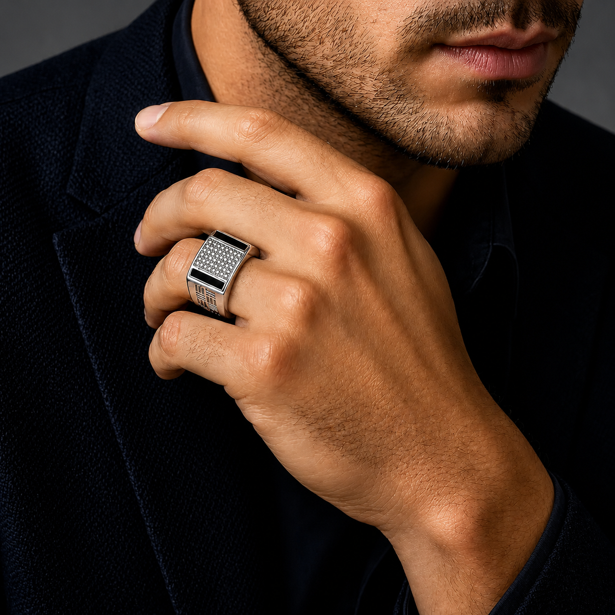 Premium 925 Silver Rectangular CZ Diamond Ring for Men
