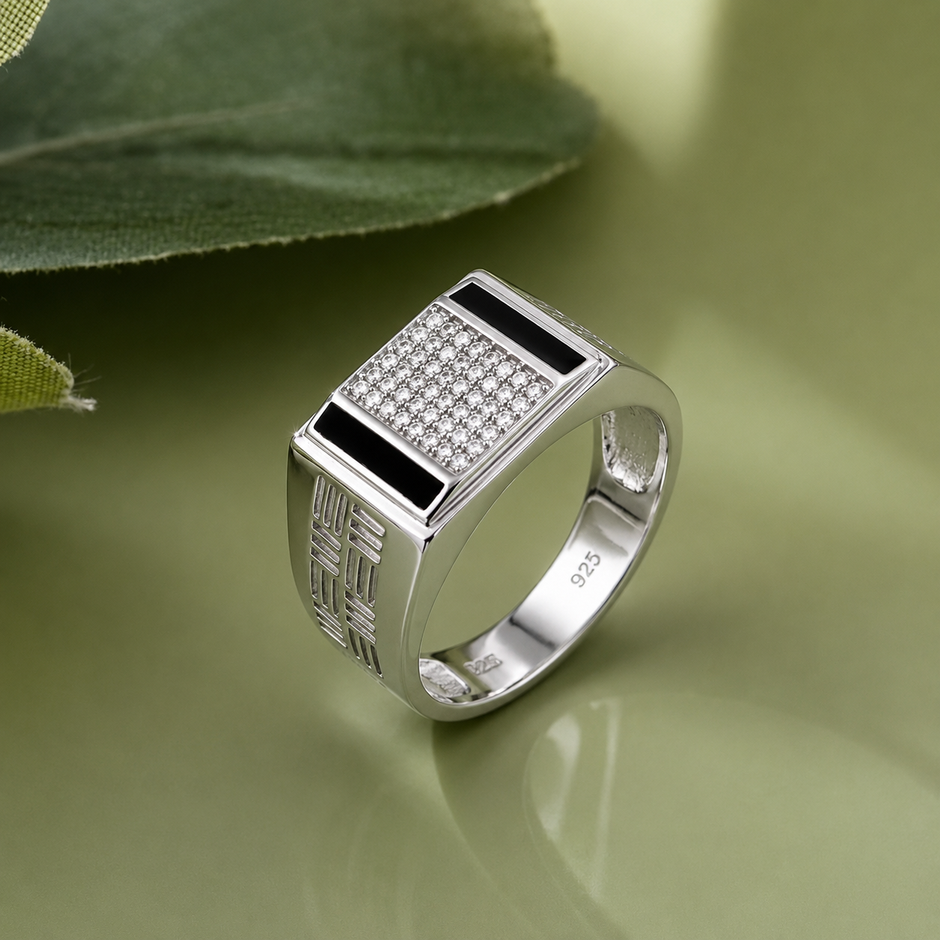 Premium 925 Silver Rectangular CZ Diamond Ring for Men