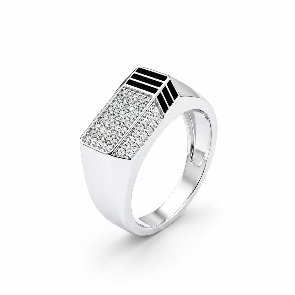 Men's 925 Sterling Silver Rectangular CZ Diamond Ring with Black Enamel