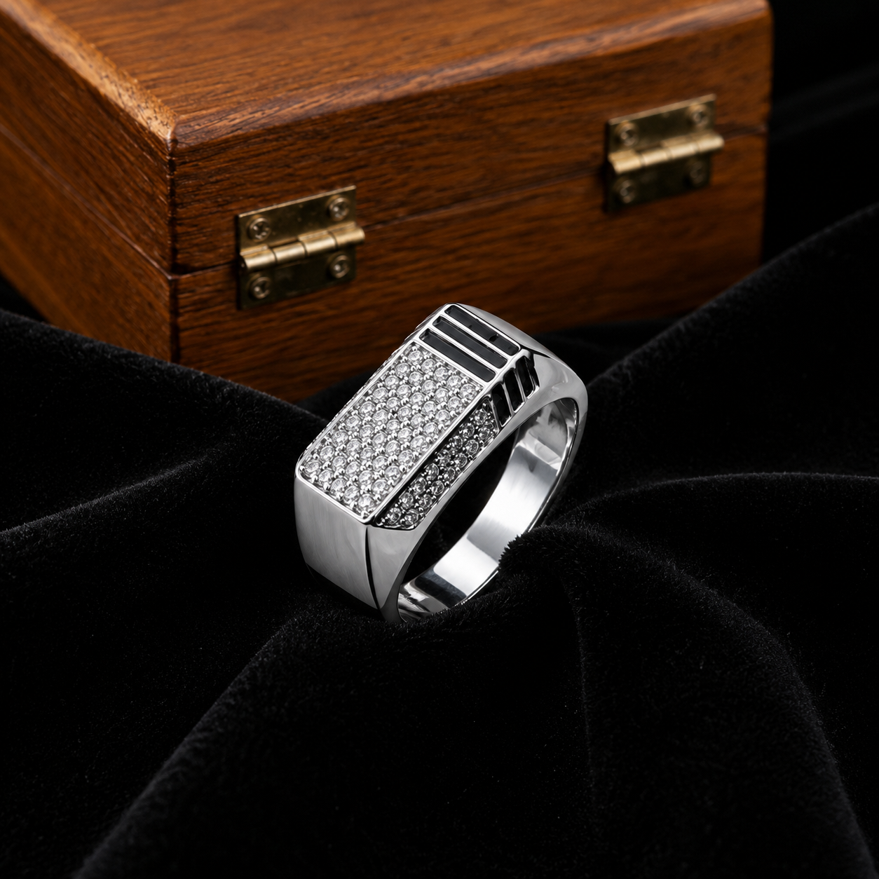 Men's 925 Sterling Silver Rectangular CZ Diamond Ring with Black Enamel