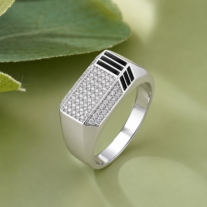 Men's 925 Sterling Silver Rectangular CZ Diamond Ring with Black Enamel