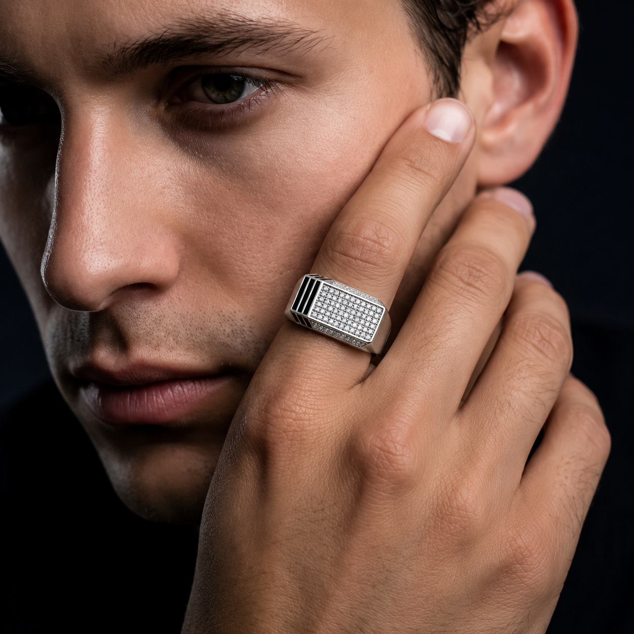 Men's 925 Sterling Silver Rectangular CZ Diamond Ring with Black Enamel
