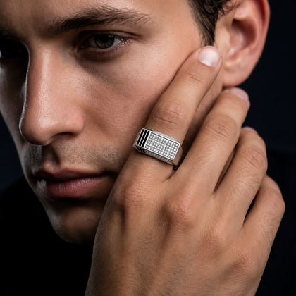 Men's 925 Sterling Silver Rectangular CZ Diamond Ring with Black Enamel