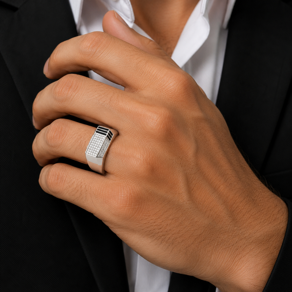 Men's 925 Sterling Silver Rectangular CZ Diamond Ring with Black Enamel
