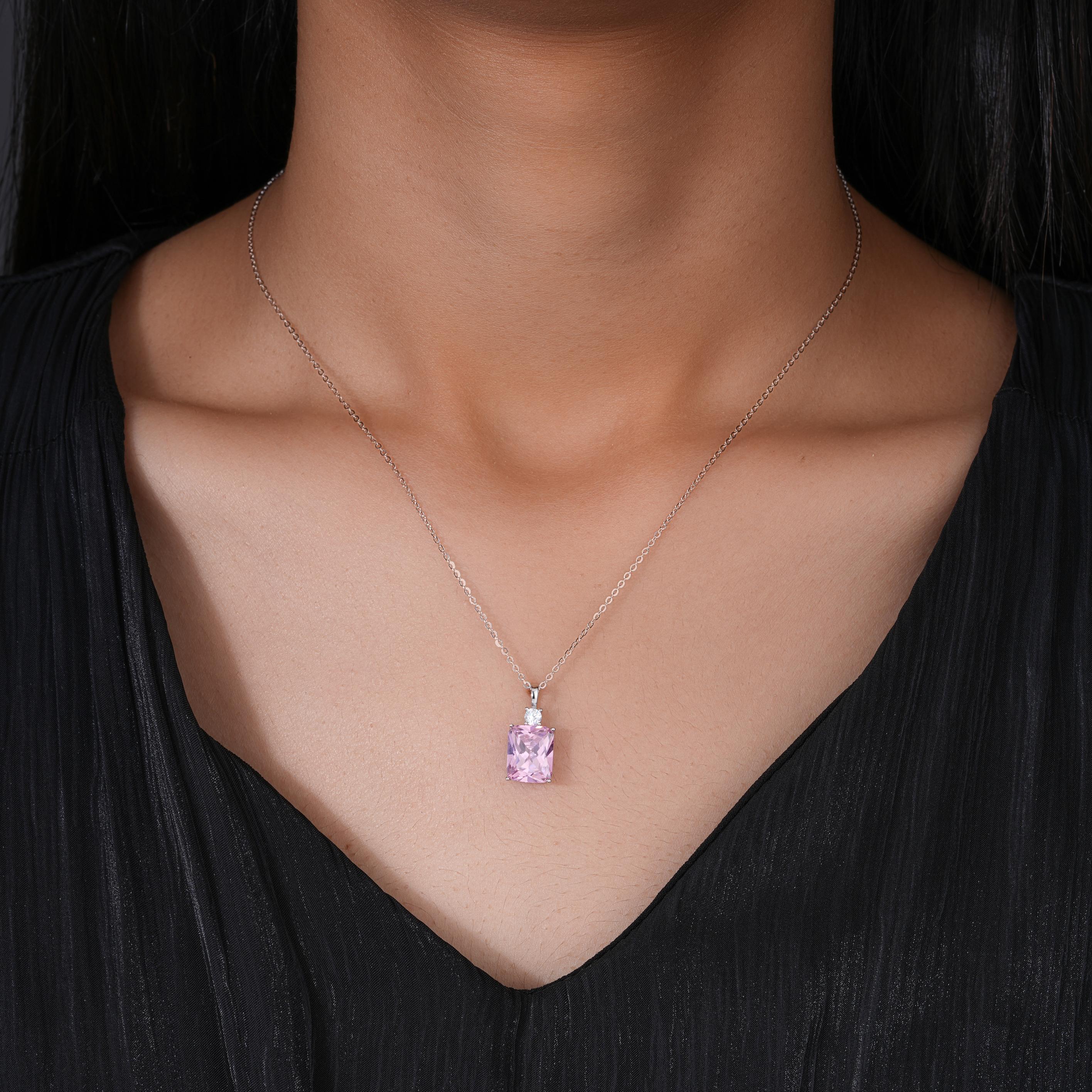 Rectangular Pink Diamond 925 Silver Pendant Necklace