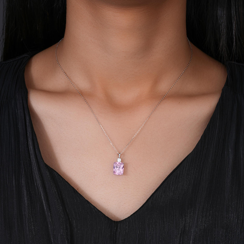 Rectangular Pink Diamond 925 Silver Pendant Necklace