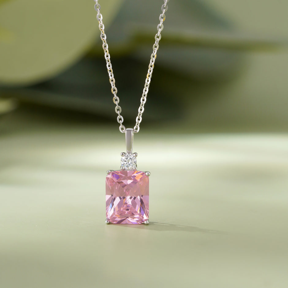 Rectangular Pink Diamond 925 Silver Pendant Necklace