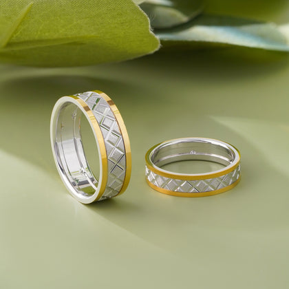 Refined Criss-Cross Design 925 Sterling Silver Yellow Gold Couple Band for Men
