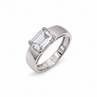 Silver ring with an emerald-cut clear solitaire stone and wide polished band.