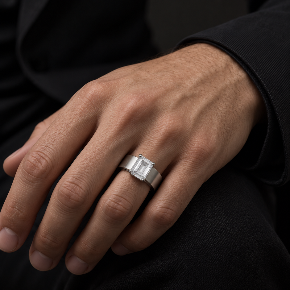 Silver ring with an emerald-cut clear solitaire stone and wide polished band.