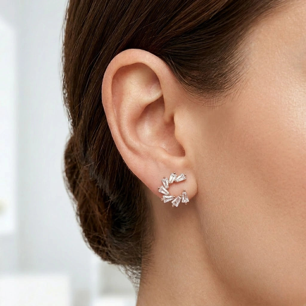 Rose Gold Half Circle Diamond 925 Sterling Silver Stud Earrings for Women