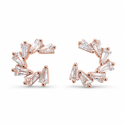 925 Sterling Silver Rose Gold Fan-Shaped Open Stud Earrings with Tapered Cubic Zirconia