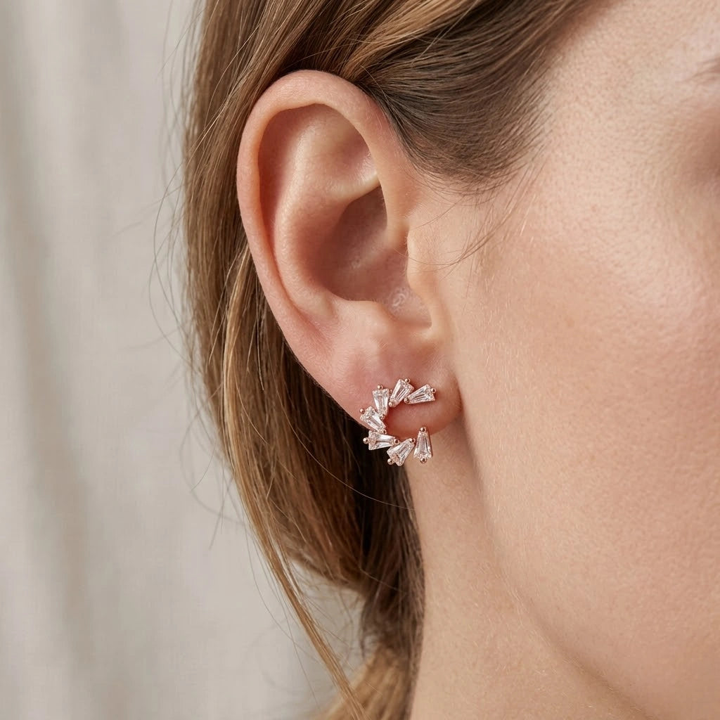 Rose Gold Half Circle Diamond 925 Sterling Silver Stud Earrings for Women