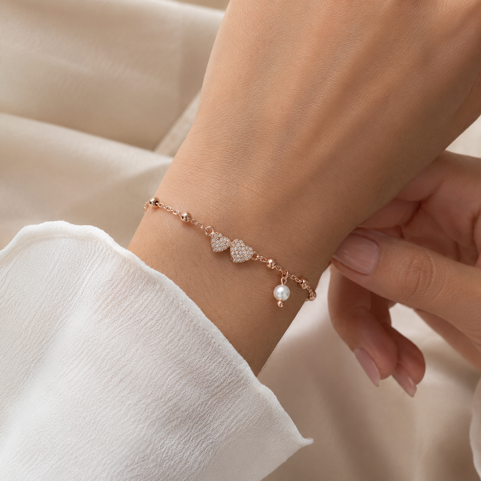 Rose gold 925 sterling silver heart pearl bracelet for women