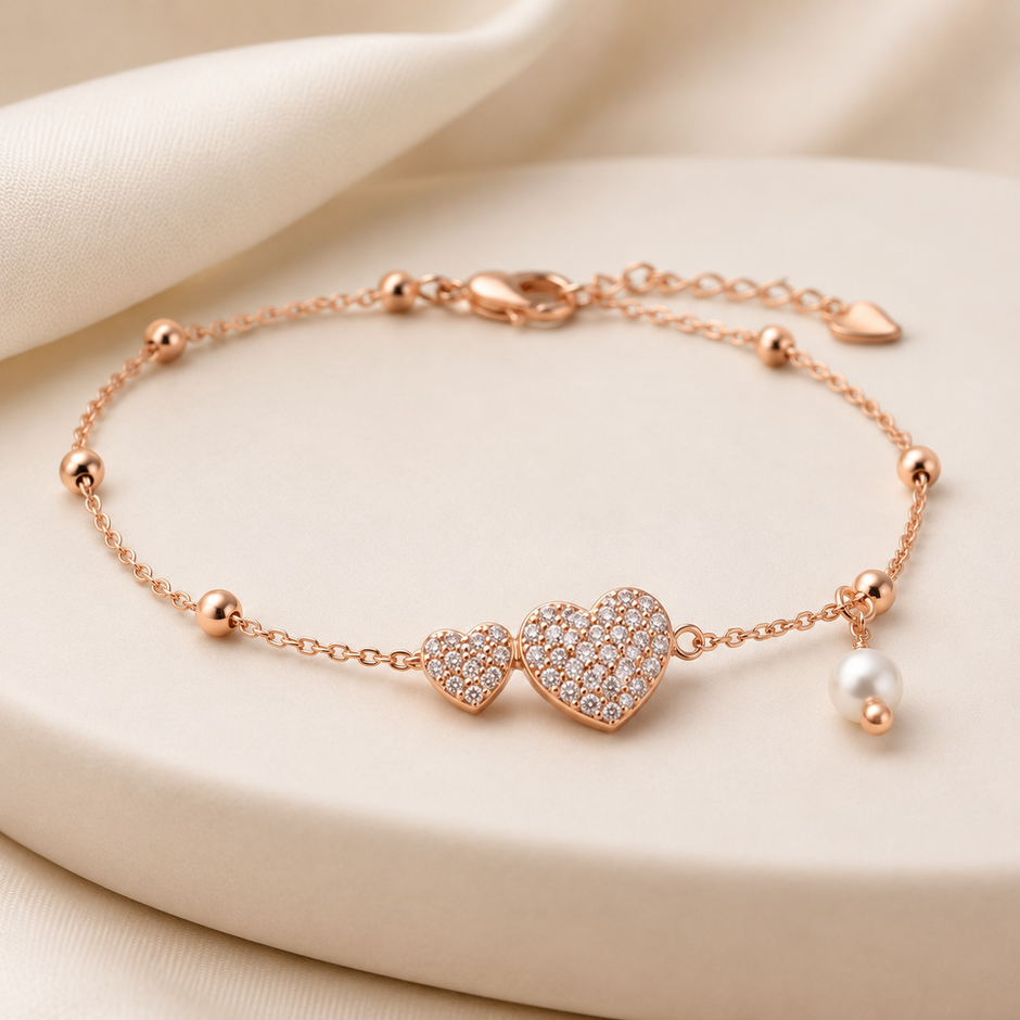 Rose gold 925 sterling silver heart pearl bracelet for women